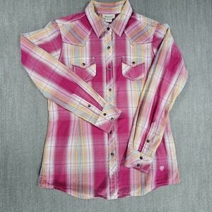 Ariat Women's Long Sleeve Pearl Snap Wester Shirt Plaid Pink Orange Blue Sz M